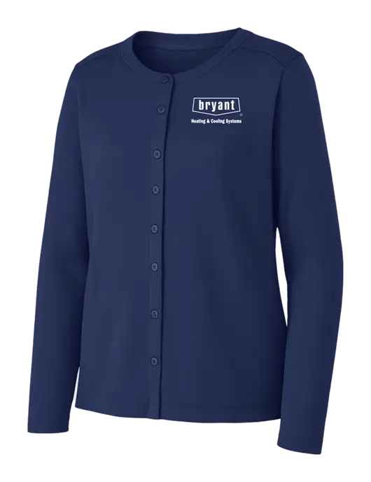 Dress Blue Navy Womens Concept Stretch Button-Front Cardigan Sweater w/Bryant H&C Systems Logo