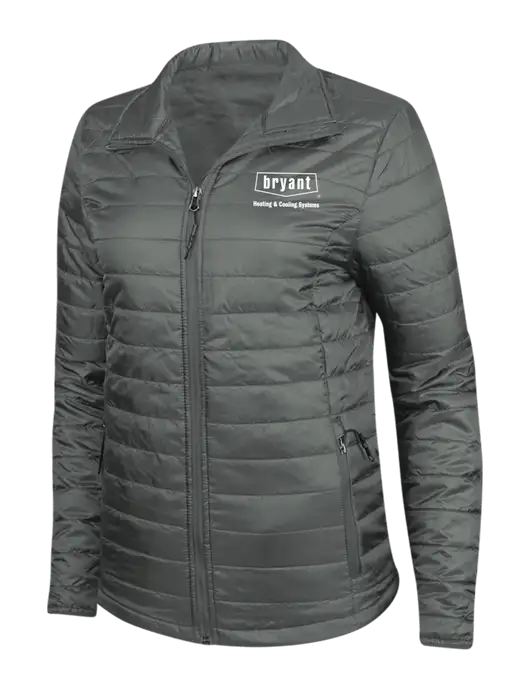 Dark Grey Womens Puffy Packable Jacket w/Bryant H&C Systems Logo