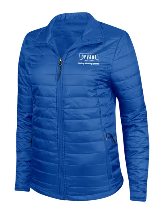 Dark Royal Blue Womens Puffy Packable Jacket w/Bryant H&C Systems Logo
