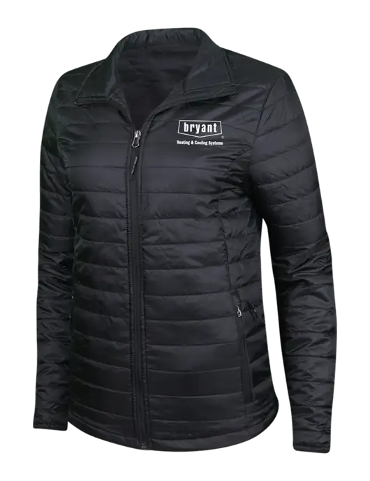 Womens Black Puffy Packable Jacket w/Bryant H&C Systems Logo