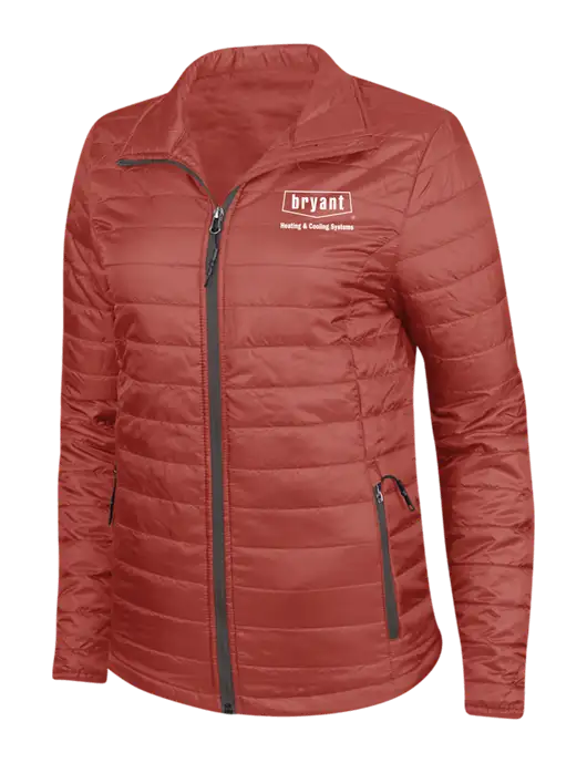 Dark Red Womens Puffy Packable Jacket w/Bryant H&C Systems Logo